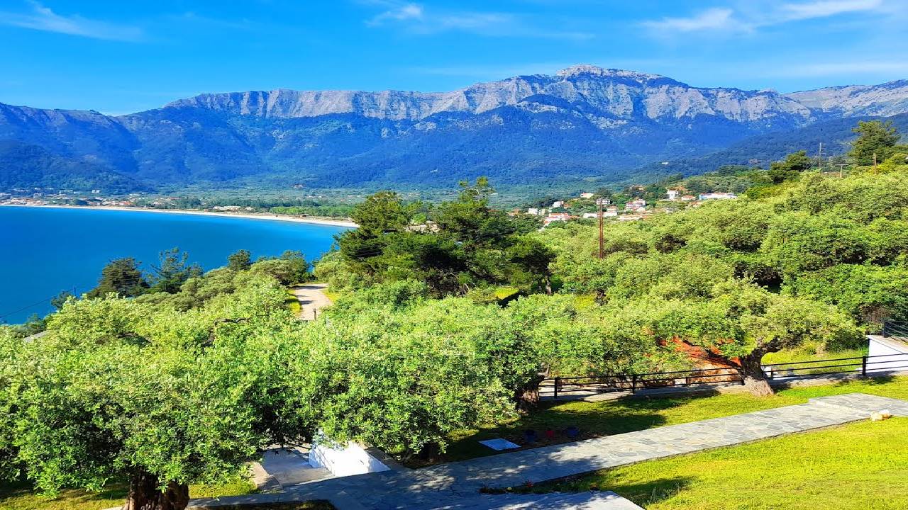 4K Soothing Sound of Birds and Sea after Sunrise in a Pretty View of the Sea, Mountain, and Gardens